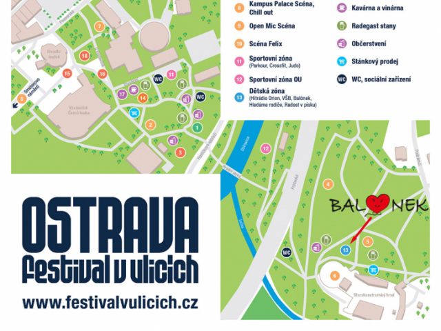 Mapka Festivalu v ulicích s vyznačením stanoviště Balónku